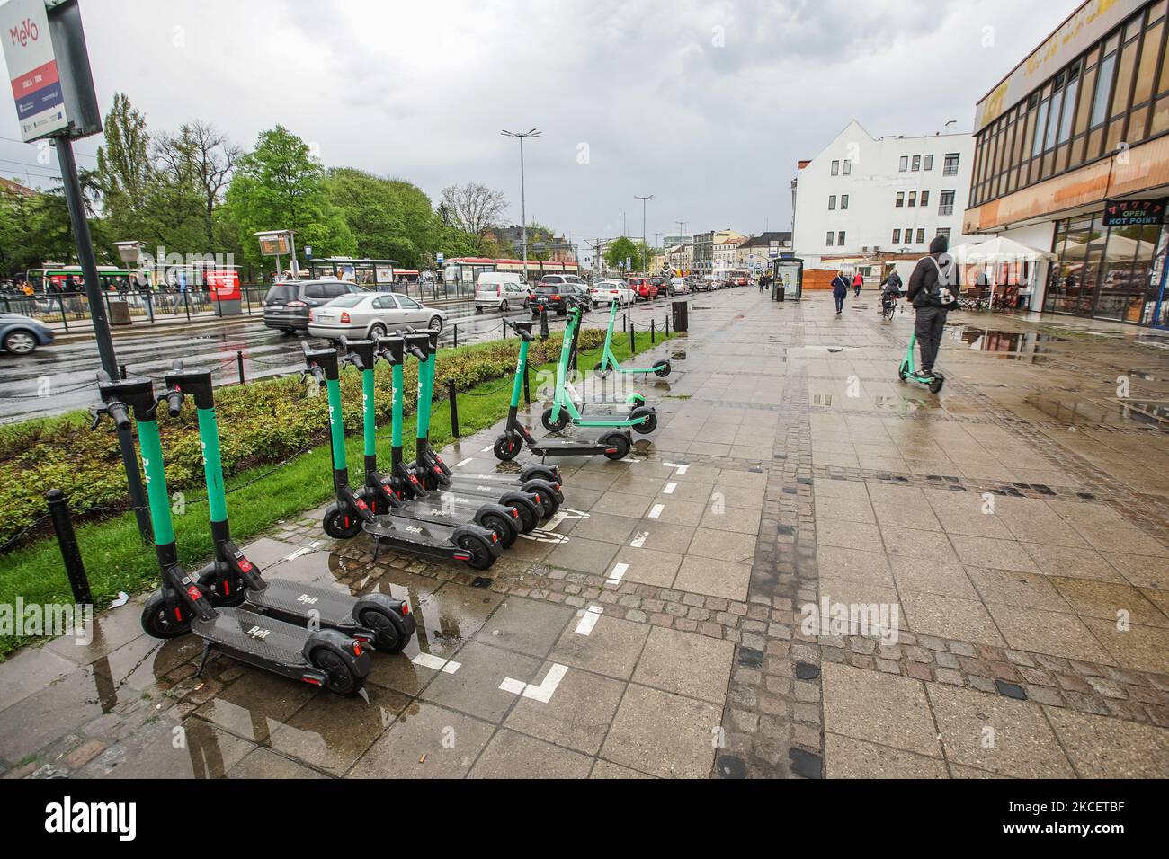 Electric kickscooters belonging to the Bolt scooters sharing company parkedin the city center