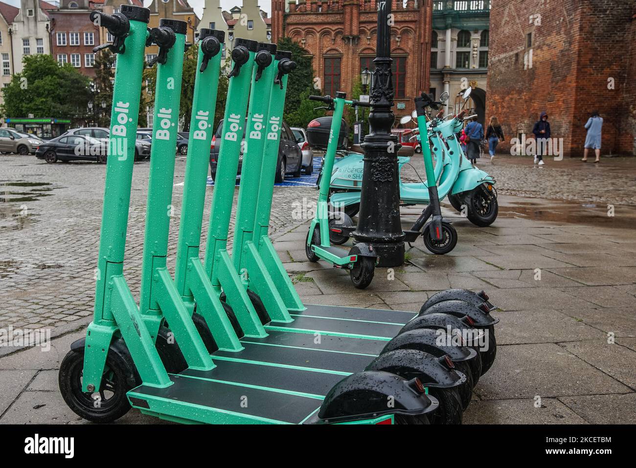 Electric kickscooters belonging to the Bolt scooters sharing company