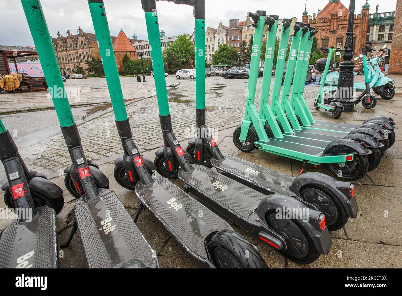 Electric kickscooters belonging to the Bolt scooters sharing company