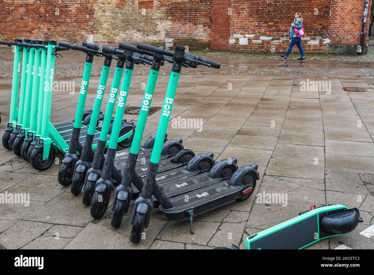 Electric kickscooters belonging to the Bolt scooters sharing company