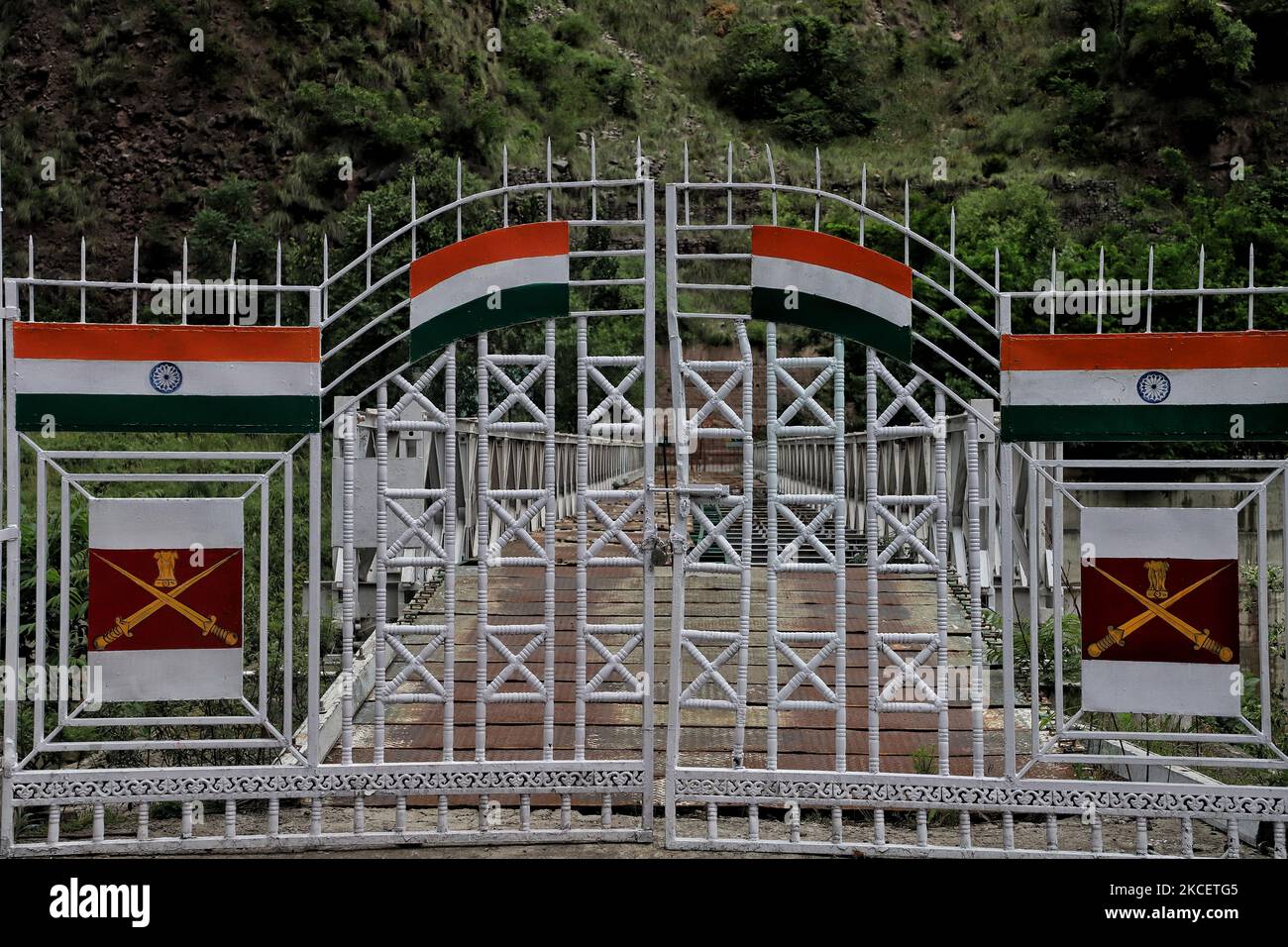 Locked Aman Setu bridge at Kaman post on LoC in URI sector of District Baramulla, Jammu and Kashmir, India on 18 May 2021. Indiaâ€“Pakistan relations refer to the bilateral relations between India and Pakistan. The relations between the two countries have been complex and largely hostile due to a number of historical and political events. Relations between the two states have been defined by the violent partition of British India in 1947 which started the Kashmir conflict, and the numerous military conflicts fought between the two nations. Consequently, their relationship has been plagued by h Stock Photo