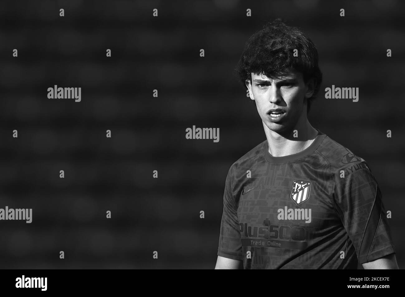 Joao Felix of Atletico Madrid during the warm-up before the La Liga Santander match between Atletico de Madrid and C.A. Osasuna at Estadio Wanda Metropolitano on May 16, 2021 in Madrid, Spain. Sporting stadiums around Spain remain under strict restrictions due to the Coronavirus Pandemic as Government social distancing laws prohibit fans inside venues resulting in games being played behind closed doors. (Editors note: this image has been converted to black and white) (Photo by Jose Breton/Pics Action/NurPhoto) Stock Photo