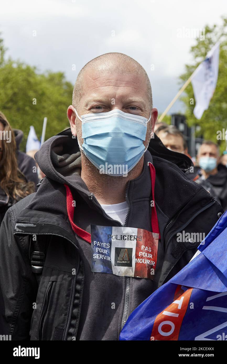 Police officers demonstrate in Paris, France on May 19, 2021 to push for better protection and less tolerance towards violence against officers, two weeks after an officer was shot dead while investigating on drug deals. (Photo by Adnan Farzat/NurPhoto) Stock Photo