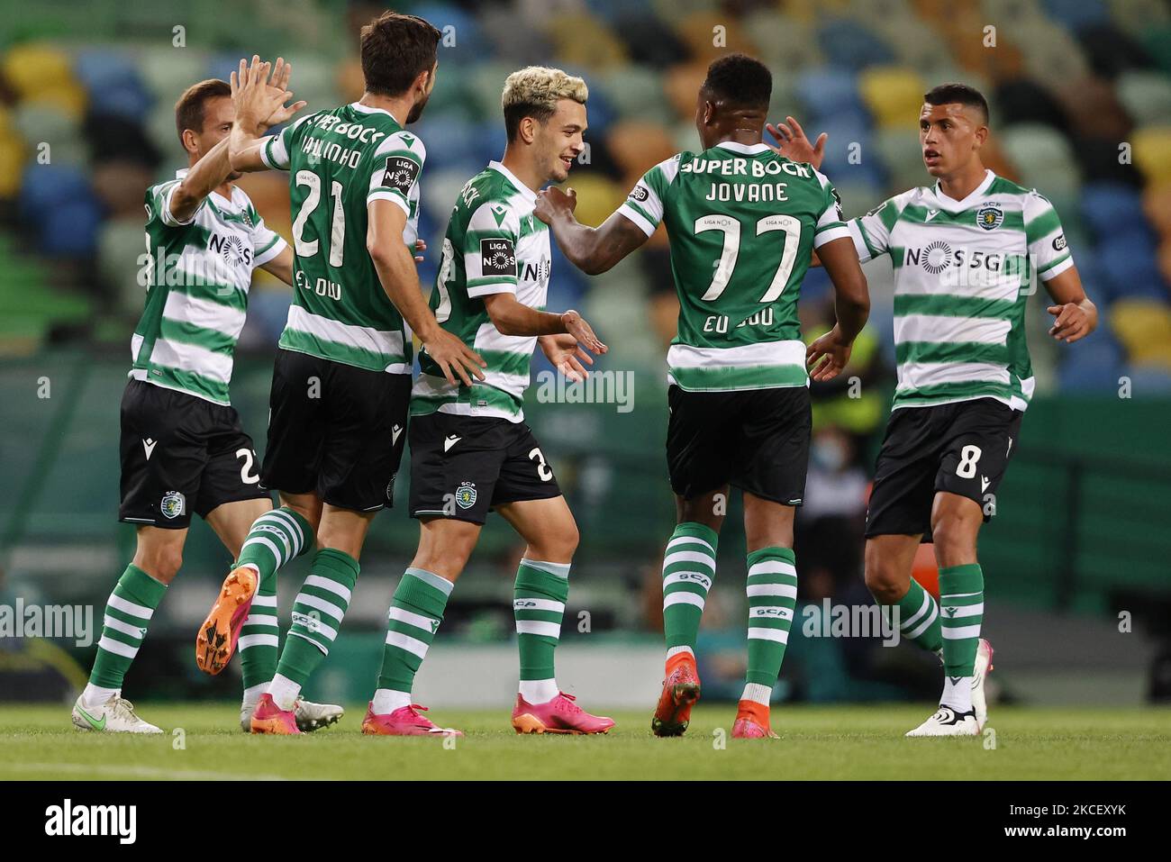 Pedro Gonçalves (Pote) celebrates his second goal with teammates during ...