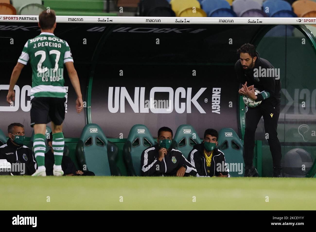 Rúben Amorim grabs the ball like a keeper during the game for Liga NOS between Sporting CP and Maritimo, at Estadio José Alvalade, Lisboa, Portugal, 19, May, 2021 (Photo by João Rico/NurPhoto) Stock Photo