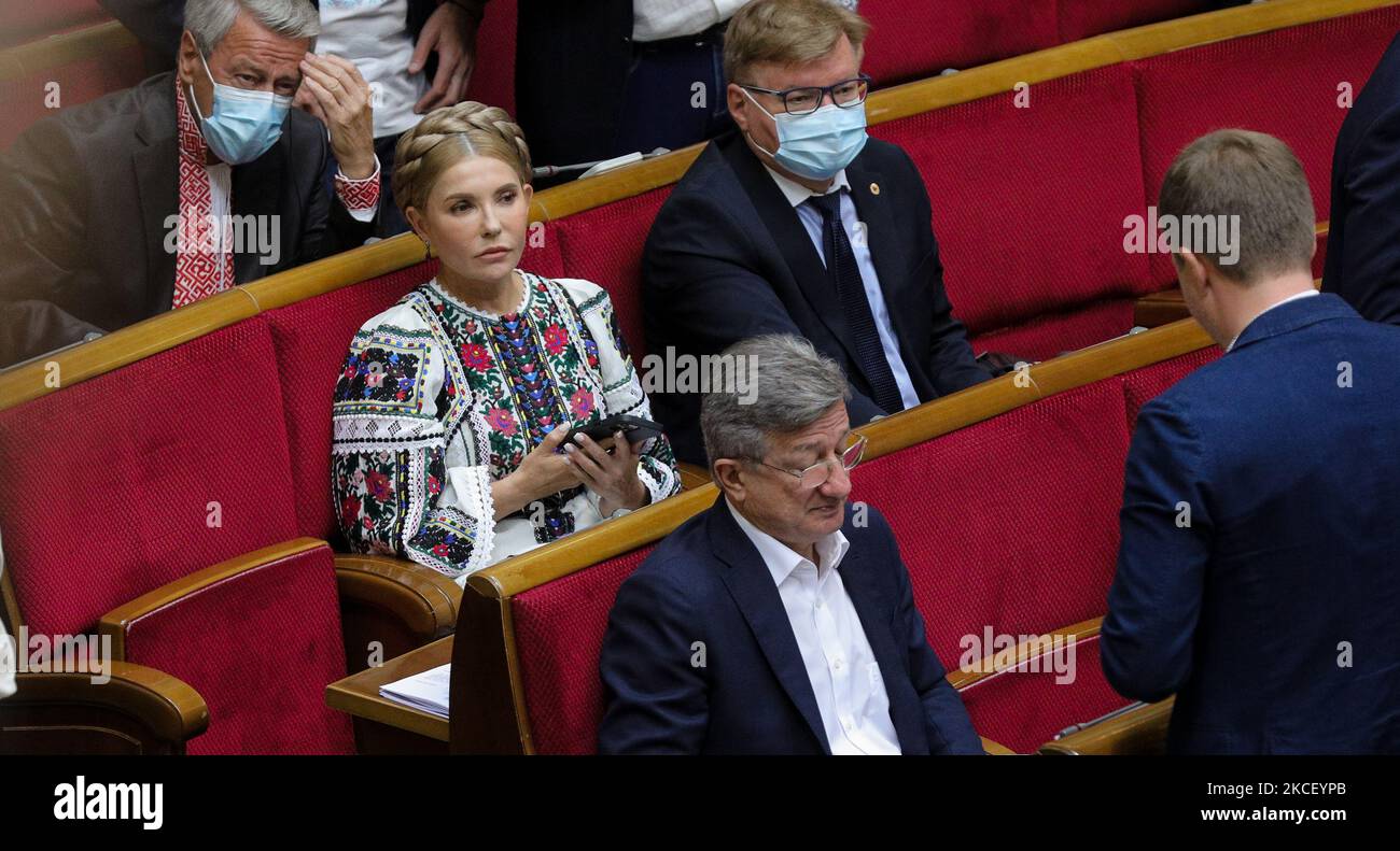 Lawmaker Yulia Tymoshenko attends the session where lawmakers approves ministers of Government Ministers of Health, Economy and Infrastructure in Kyiv, Ukraine, May 20, 2021. Ukrainian Parliament approved new ministers of Health, Economy and Infrastructure (Photo by Sergii Kharchenko/NurPhoto) Stock Photo