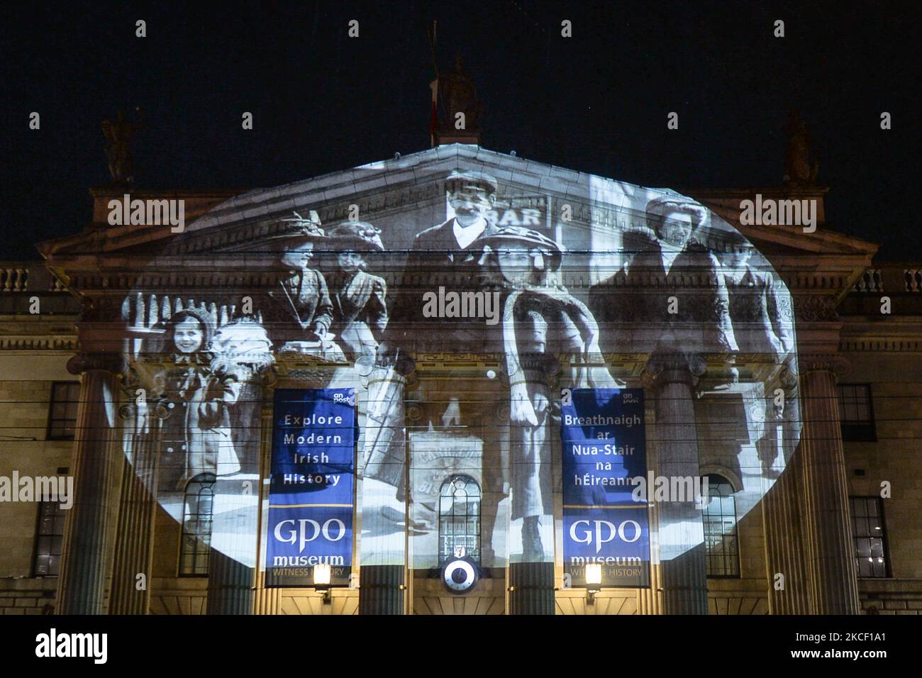 Archival images of Irish immigrants to America projected on the GPO facade in Dublin, as part of the Herstory's new Parallel Peace Project in Dublin launched on World Day for Cultural Diversity for Dialogue and Development. Syrian, Somali, Kenyan, Libyan activists took part in a project in Dublin that tells the story of women and girls on the island of Ireland whose lives have been hit by wars and social conflicts. On Thursday, 20 May 2021, in Dublin, Ireland. (Photo by Artur Widak/NurPhoto) Stock Photo