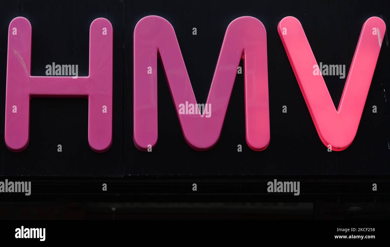 Logo of the HMV, a UKbased music and film retailer, seen in Belfast