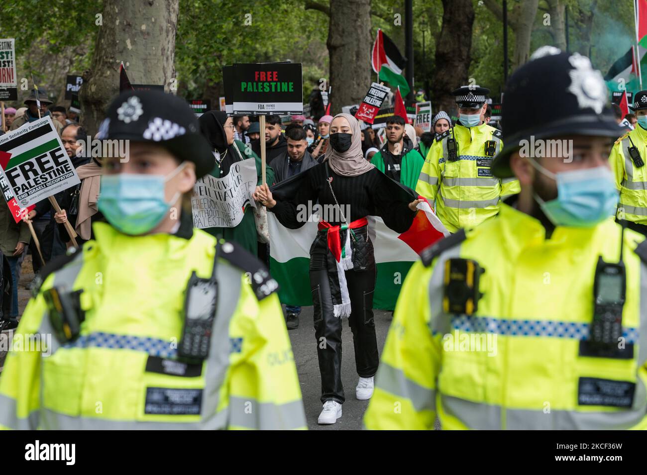 LONDON, UNITED KINGDOM - MAY 22, 2021: Tens of thousands of protesters gather in central London for a demonstration in support of Palestine, on 22 May, 2021 in London, England. A ceasefire between Israel and Palestine came into force on Friday following 11 days of air strikes that left more than 250 dead as conflict escalated over planned evictions of Palestinian families from their homes by Jewish settlers in the Sheikh Jarrah district of East Jerusalem and clashes with security forces around the Old City during Ramadan. (Photo by WIktor Szymanowicz/NurPhoto) Stock Photo