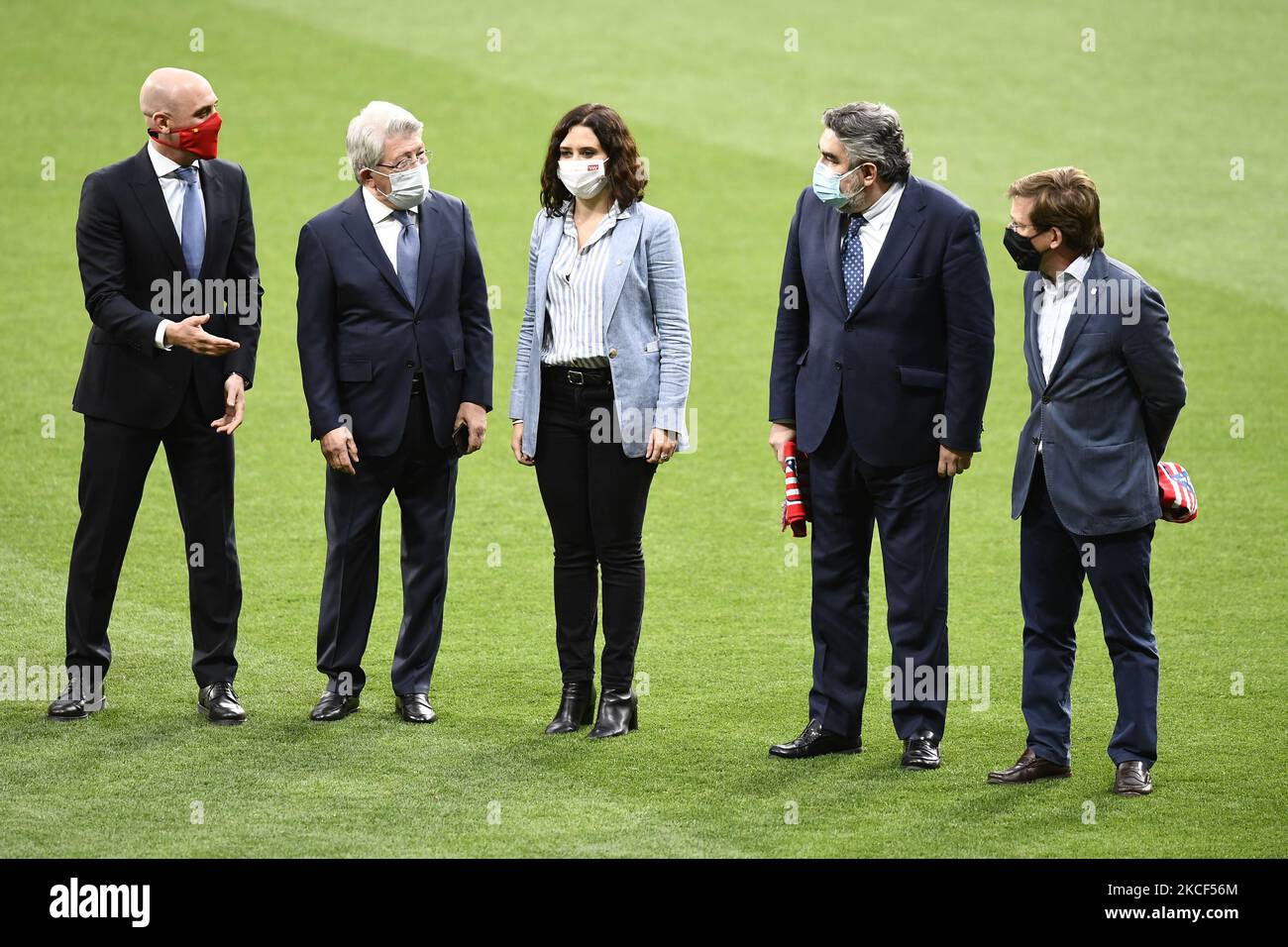 (L-R) Luis Rubiales, Enrique Cerezo, President of the Community of Madrid Isabel Diaz Ayuso, the Minister of Culture and Sports Jose Manuel Rodriguez Uribes, the Mayor Jose Luis Martinez-Almeida during the presentation ceremony of the La Liga 20/21 championship trophy at Estadio Wanda Metropolitano on May 23, 2021 in Madrid, Spain. (Photo by Jose Breton/Pics Action/NurPhoto) Stock Photo