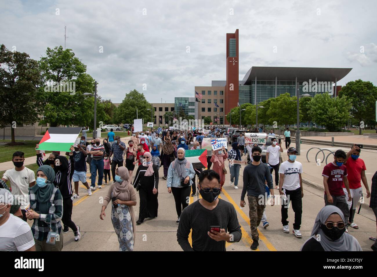 Metro Detroiters joined together at Warren City Hall in Warren, Michigan on May 23, 2021 for a Palestine Freedom Rally and March. After speeches from speakers that included former Michigan governor candidate Dr. Abdul El-Sayed, activist Huwaida Arraf, Democratic State Representative Abraham Aiyash, amongst many others, the crowd of a few hundred marched down Van Dyke Avenue chanting slogans like “from the river to the sea, Palestine will be free!” (Photo by Adam J. Dewey/NurPhoto) Stock Photo