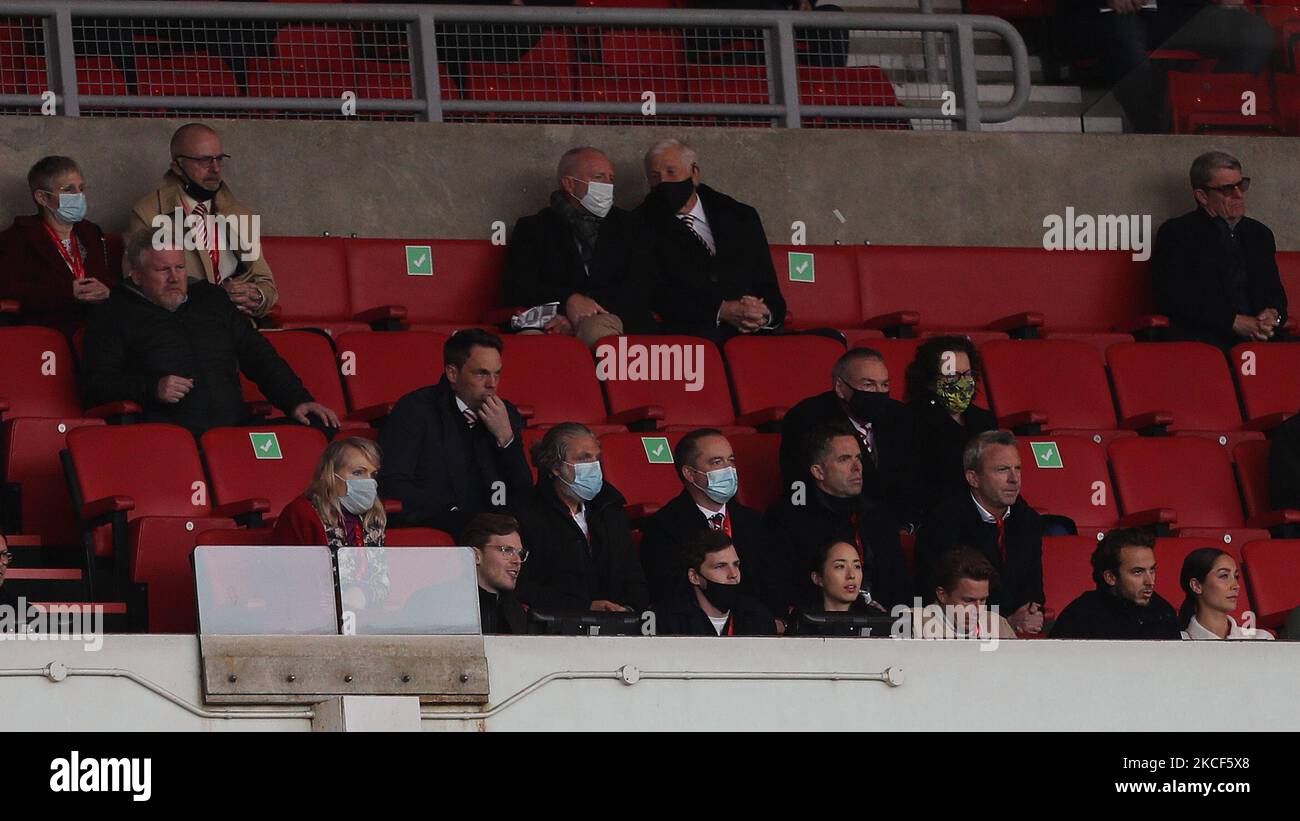 Sunderland chairman Kyril Louis-Dreyfus (front row, bottom left) and his mother Margarita Louis-Dreyfus (to the left ibehind him) watch from the directors area during the Sky Bet League 1 match between Sunderland and Lincoln City at the Stadium Of Light, Sunderland on Saturday 22nd May 2021. (Photo by Mark Fletcher/MI News/NurPhoto) Stock Photo
