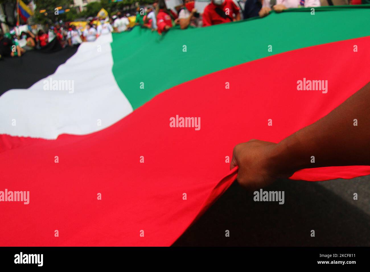 A man holds a Palestinian flag during a march in solidarity with the Palestinian people over the armed conflict with the state of Israel, amid the Covid-19 pandemic, in Caracas, Venezuela, on May 25, 2021.. (Photo by Javier Campos/NurPhoto) Stock Photo