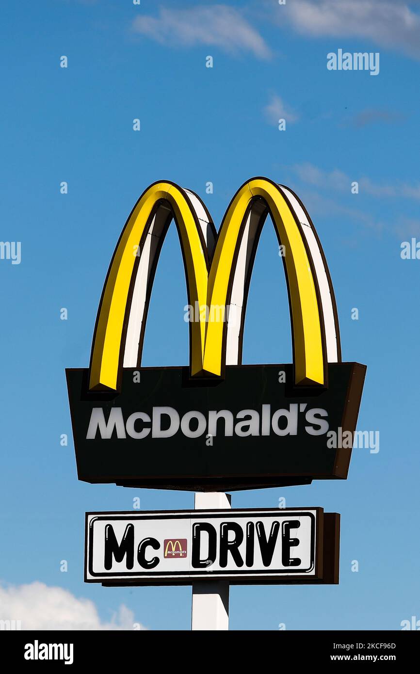 McDonald's logo is seen near the restaurant in Krakow, Poland on May 26, 2021. (Photo by Jakub Porzycki/NurPhoto) Stock Photo