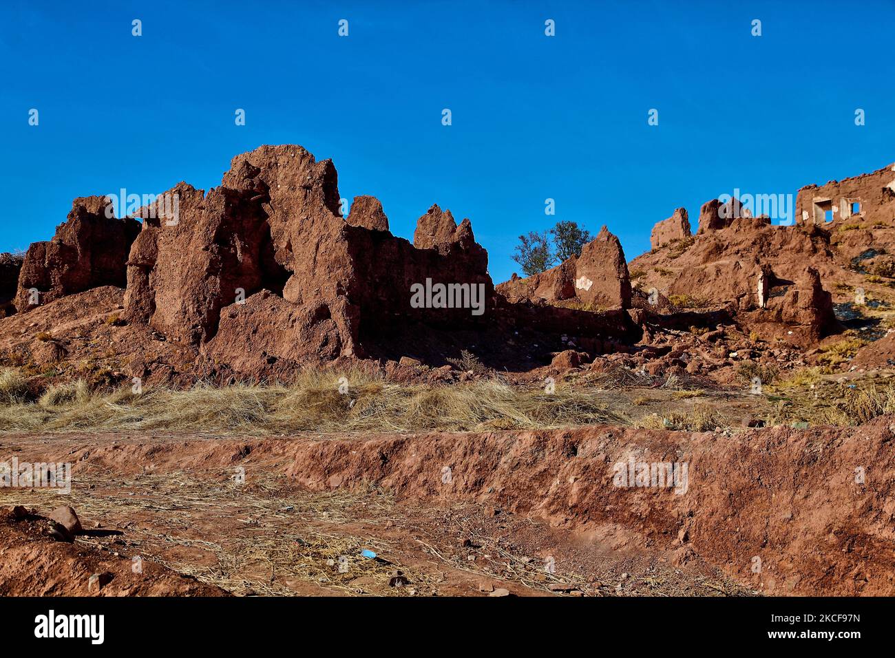 Ruins of the historic Telouet Kasbah (Talouat Kasbah) in the High Atlas Mountains in the Telouet Village in Morocco, Africa. The kasbah was the seat of the El Glaoui family's power and is also called the Palace of Glaoui. Its construction started in 1860 and it was further expanded in later years. The palace can still be visited but it is steadily becoming more damaged and is slowly collapsing. (Photo by Creative Touch Imaging Ltd./NurPhoto) Stock Photo