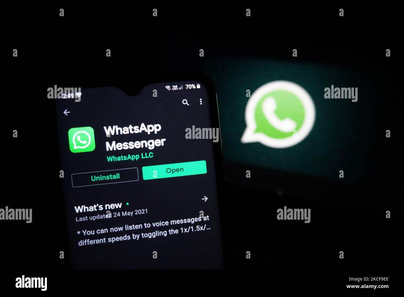 The logo of the messenger app WhatsApp is seen on the screen of a smartphone in New Delhi, India on May 27, 2021. WhatsApp has filed a legal complaint in Delhi against the government seeking to block regulations coming into force from Wednesday that experts say would compel the California-based Facebook unit to break privacy protections, according to Reuters sources. (Photo by Mayank Makhija/NurPhoto) Stock Photo