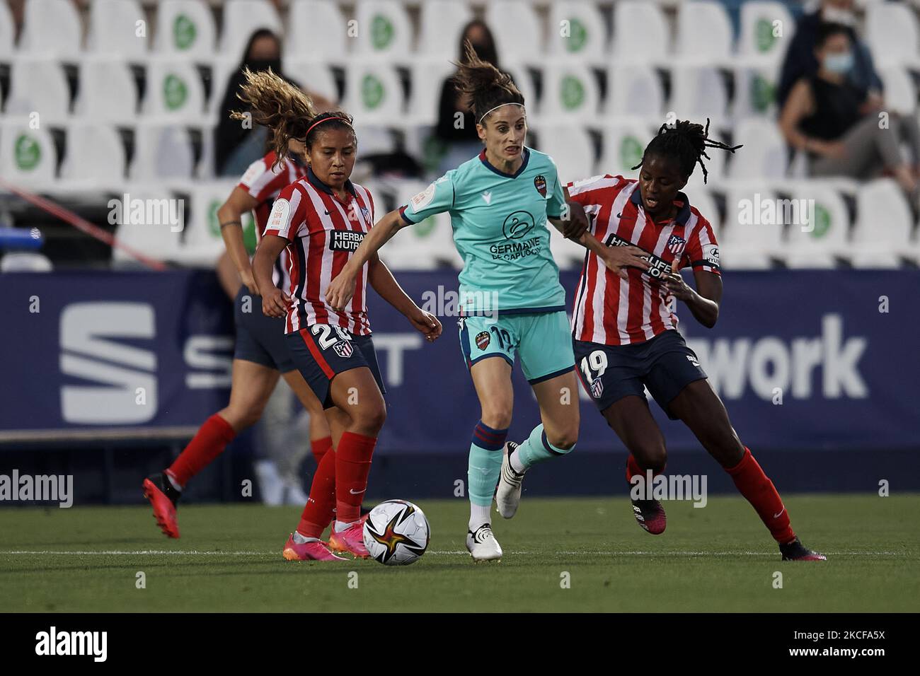 Esther Gonzalez of Levante and Aissatou Tounkara of Atletico competes for the ball during to the Copa de la Reina Semifinal match between Atletico de Madrid and Levante at Estadio Municipal de Butarque on May 27, 2021 in Leganes, Spain. (Photo by Jose Breton/Pics Action/NurPhoto) Stock Photo