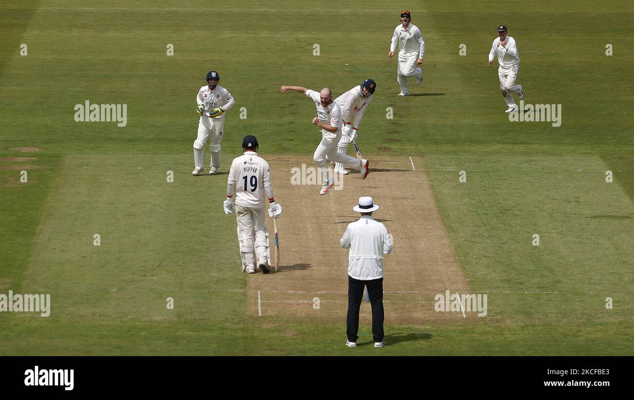 Durham's Ben Raine celebrates after getting the wicket of Essex's Paul Walter during the LV= County Championship match between Durham County Cricket Club and Essex at Emirates Riverside, Chester le Street on Friday 28th May 2021. (Photo by Mark Fletcher/MI News/NurPhoto) Stock Photo