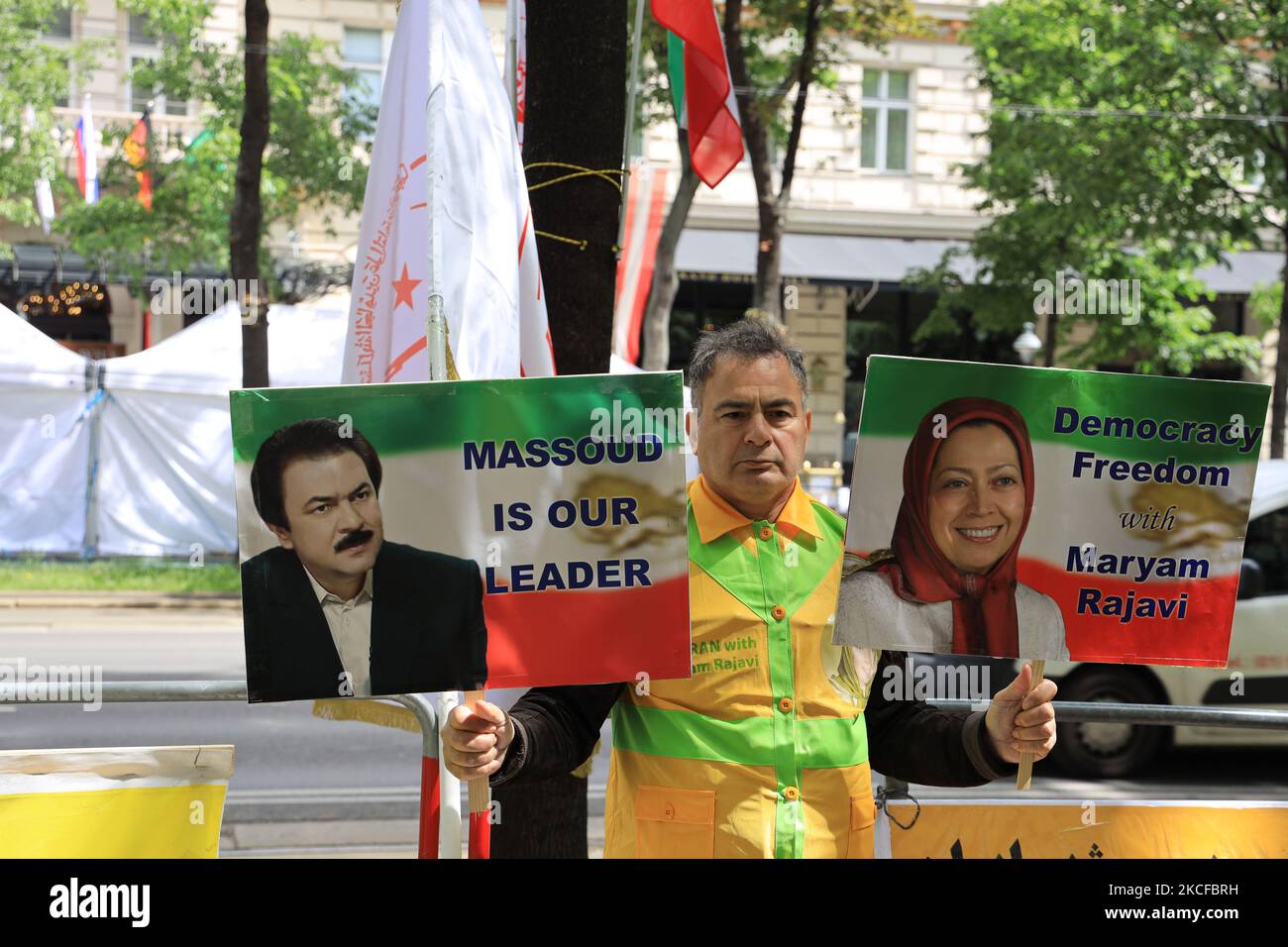 Simultaneous with the Iran Nuclear talks in Vienna, supporters of the Iranian opposition (NCRI), held a rally outside the Grand Hotel on Friday, May 28, 2021 in Vienna, Austria. The protesters called the world community to end appeasing the Iran regime, hold its leaders accountable for violating human rights and spending the Iranian people's wealth on the nuclear weapons program. (Photo by Siavosh Hosseini/NurPhoto) Stock Photo