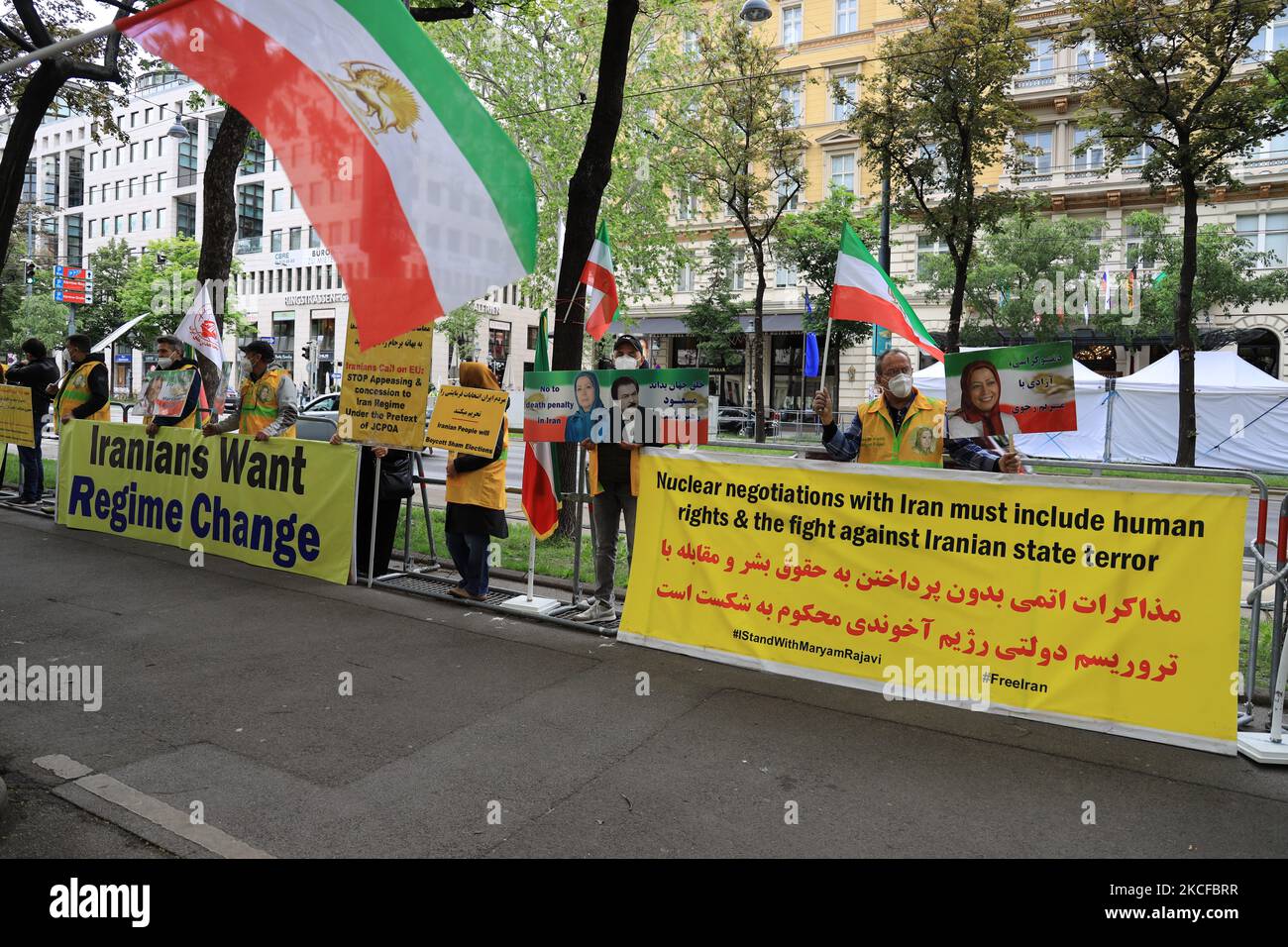 Simultaneous with the Iran Nuclear talks in Vienna, supporters of the Iranian opposition (NCRI), held a rally outside the Grand Hotel on Friday, May 28, 2021 in Vienna, Austria. The protesters called the world community to end appeasing the Iran regime, hold its leaders accountable for violating human rights and spending the Iranian people's wealth on the nuclear weapons program. (Photo by Siavosh Hosseini/NurPhoto) Stock Photo