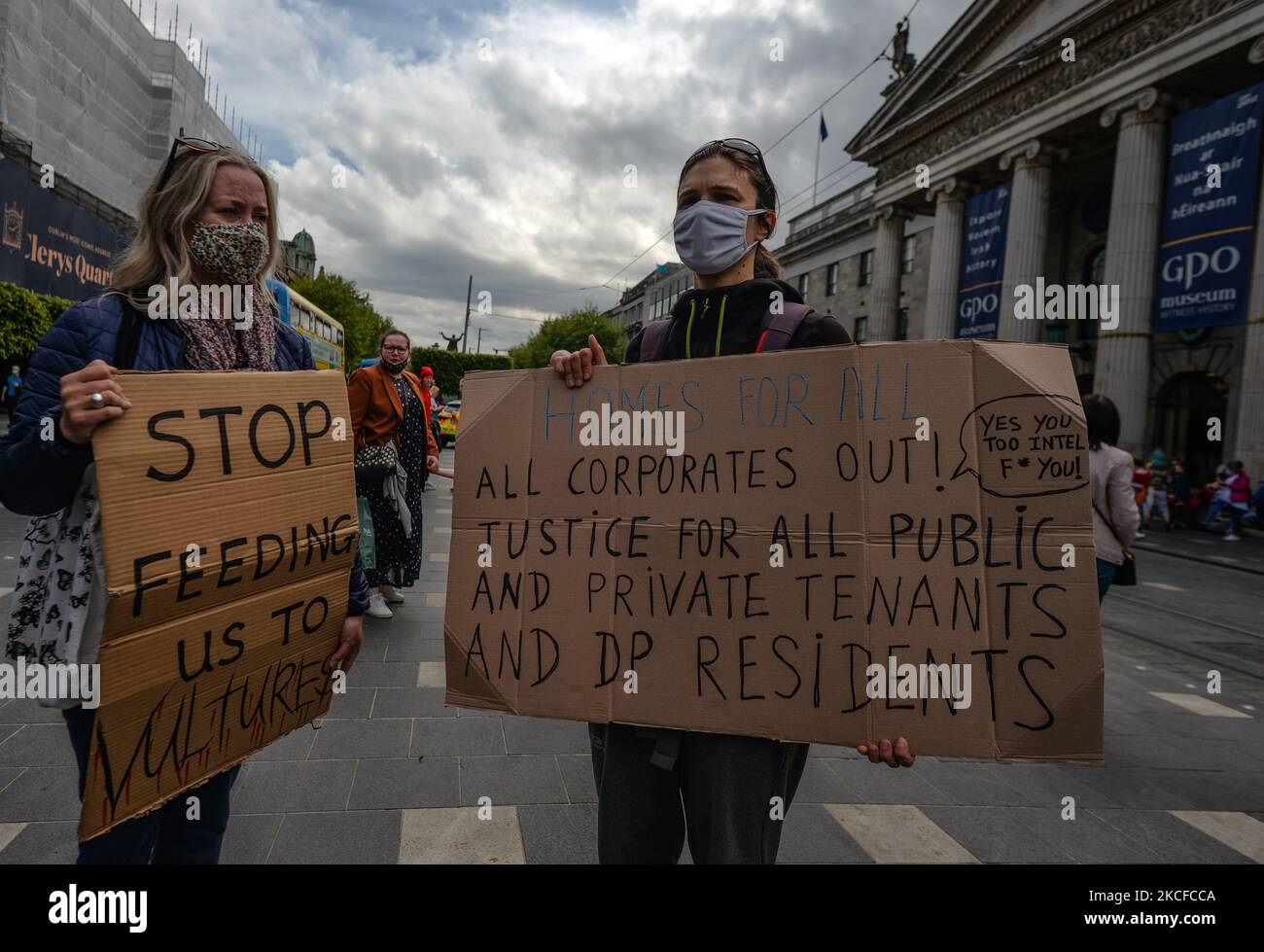 A group of young people during a symbolic housing protest outside the GPO in Dublin's city center. On Saturday, May 29, 2020, in Dublin, Ireland. (Photo by Artur Widak/NurPhoto) Stock Photo
