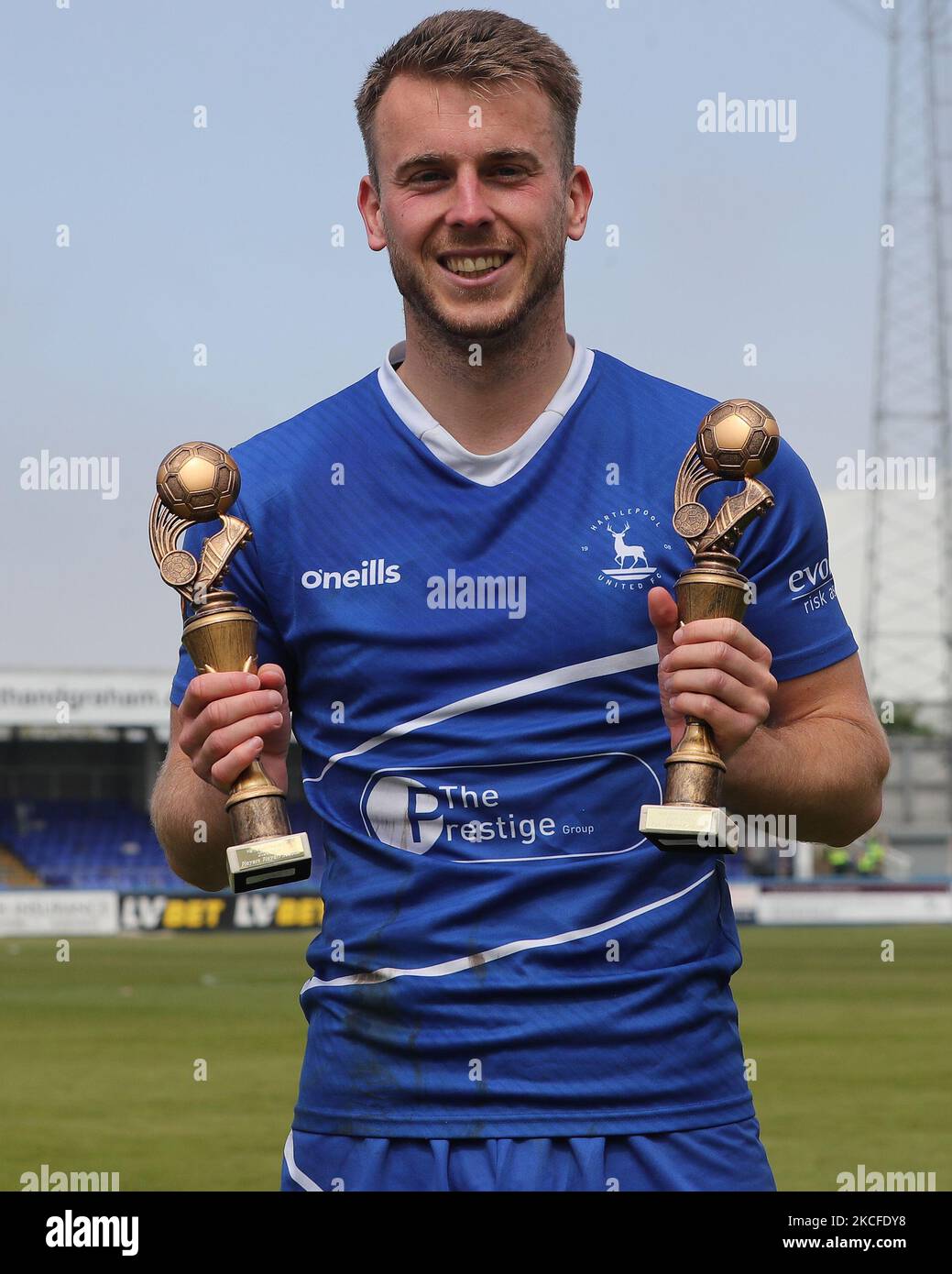 Rhys Oates of Hartlepool United with the player of the season trophies after the Vanarama National League match between Hartlepool United and Weymouth at Victoria Park, Hartlepool on Saturday 29th May 2021. (Photo by Mark Fletcher/MI News/NurPhoto) Stock Photo