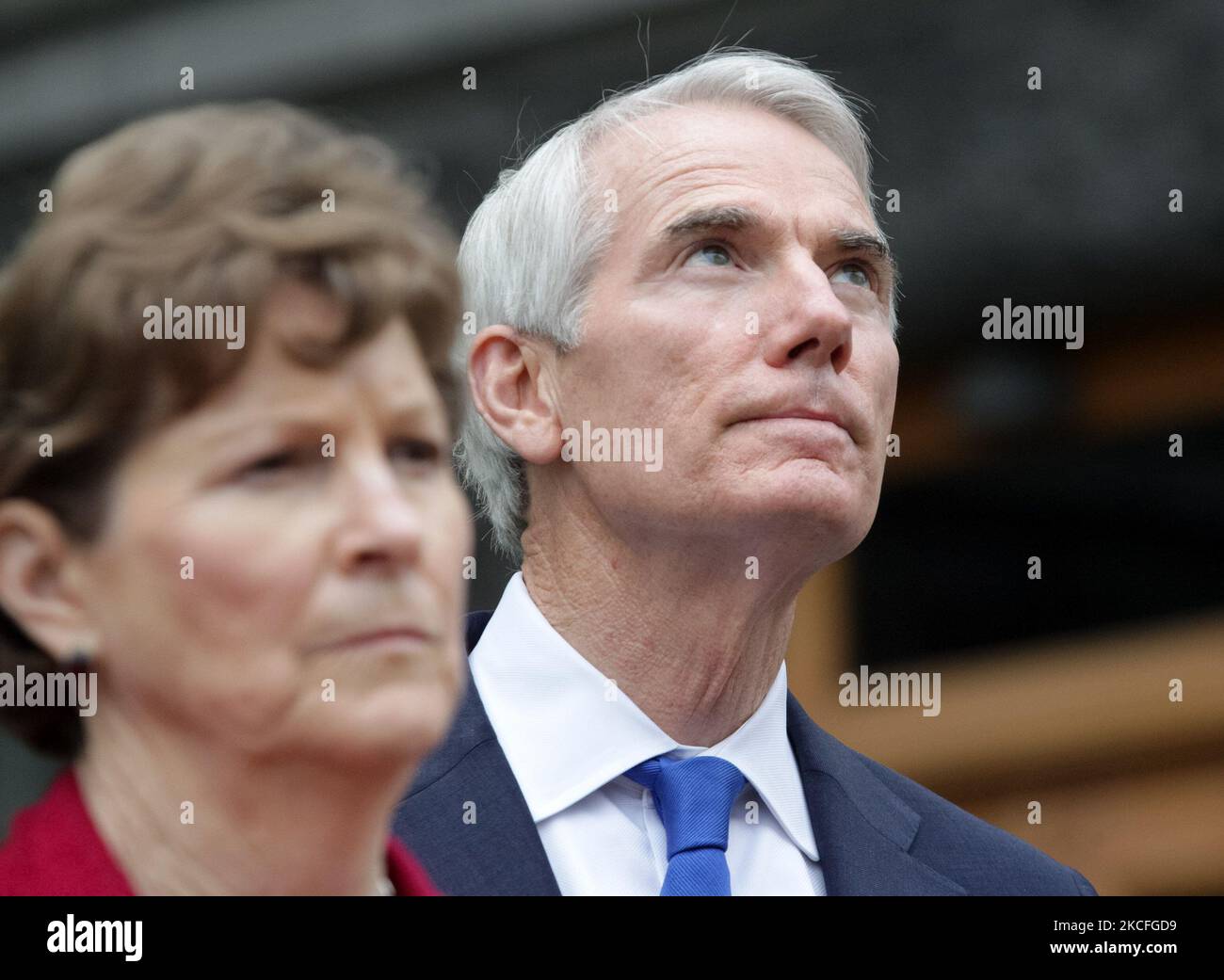 (From L to R) US Senator Jeanne Shaheen, a Democrat of New Hampshire, and US Senator Rob Portman, a Republican from Ohio, attend a joint press-briefing after their meeting with Ukraine's President Volodymyr Zelensky, near the President Office in Kyiv, Ukraine on 02 June 2021. The delegation of US Senators visit to Ukraine to meet with Ukraine's President Volodymyr Zelensky, PM, lawmakers, other Ukraine's officials and representatives of civil society. (Photo by STR/NurPhoto) Stock Photo