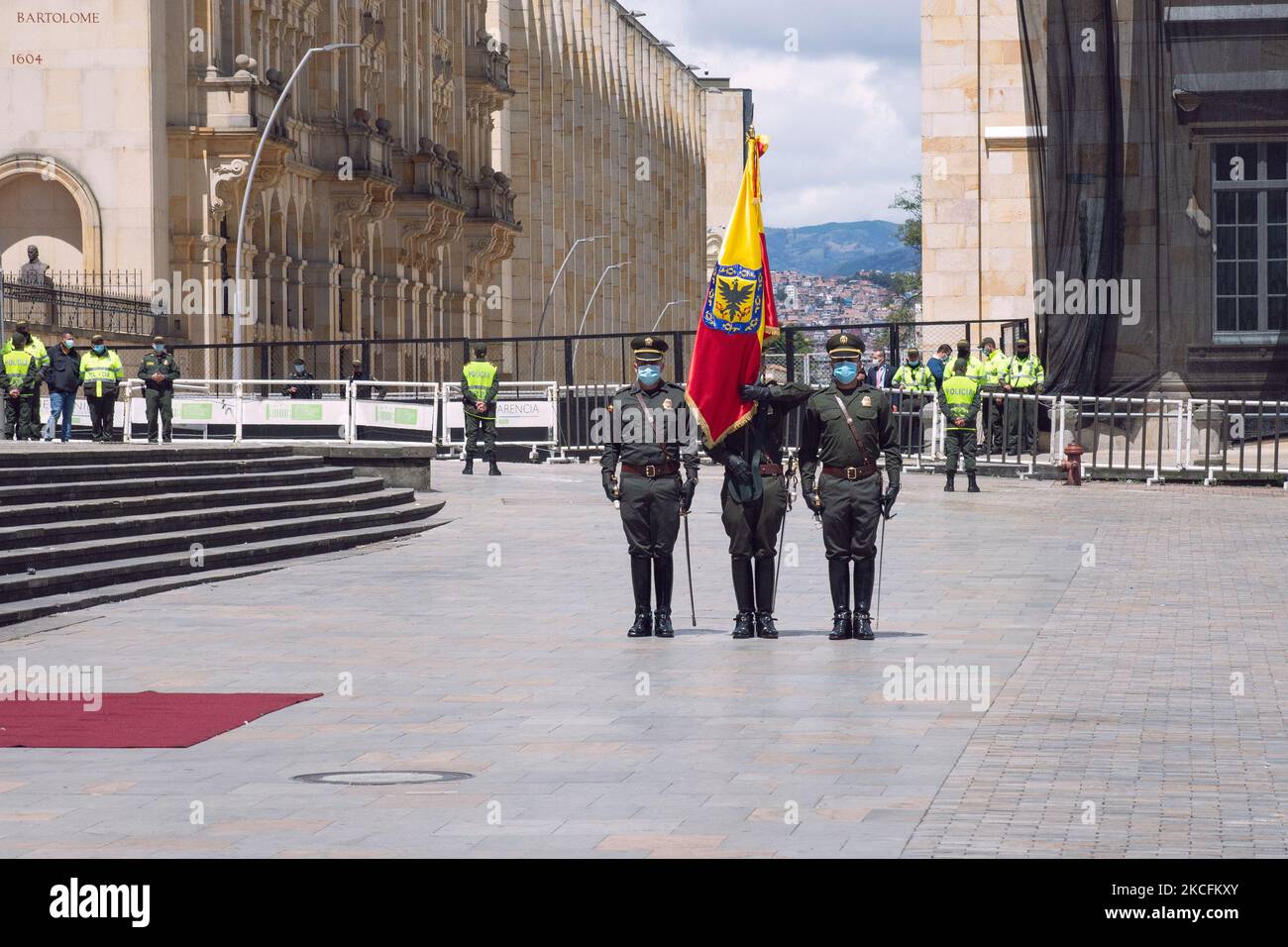 Members of the national police parade during the taking office ceremony of the new commander of the national police in Bogota, on June 4, 2021. (Photo by Vannessa Jimenez G/NurPhoto) Stock Photo