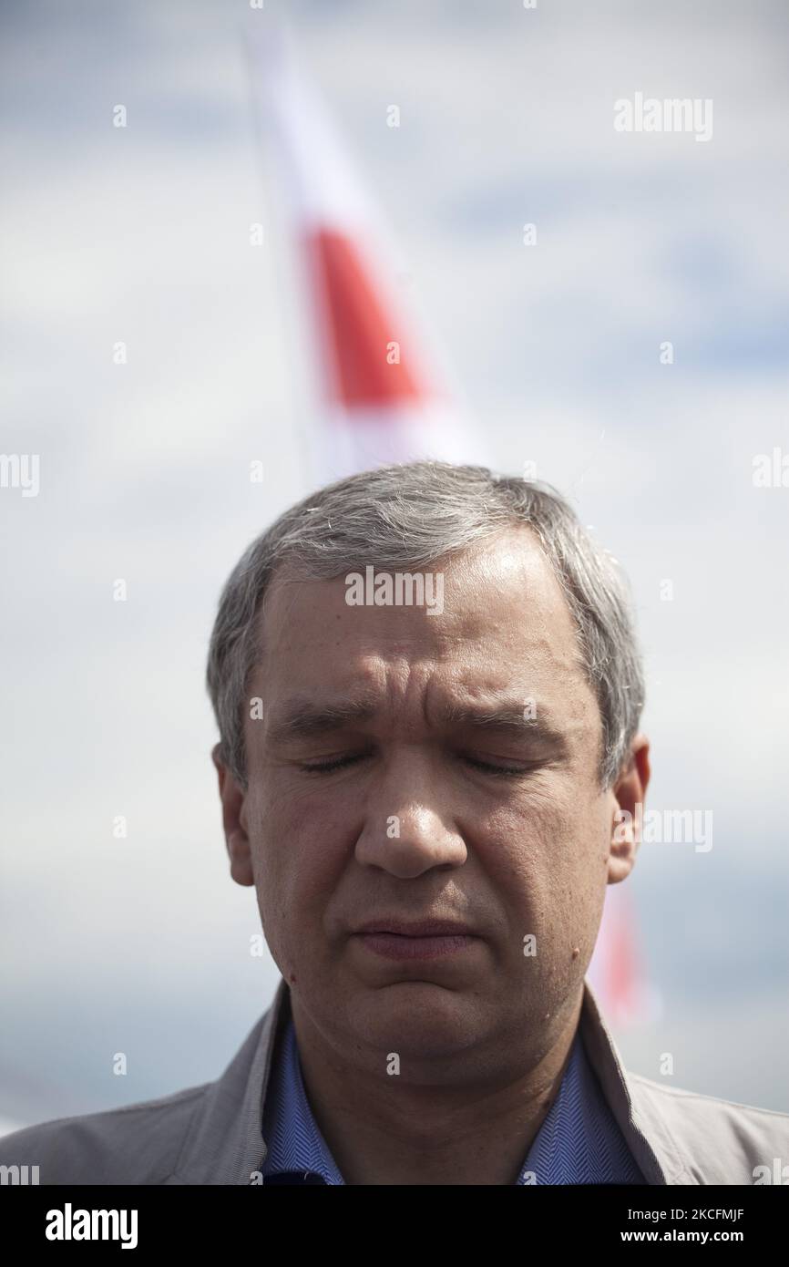 Pavel Latushko seen during Belarusian opposition activists in Bobrowniki at the Polish-Belarusian border against the Lukashenka regime on June 5, 2021. (Photo by Maciej Luczniewski/NurPhoto) Stock Photo