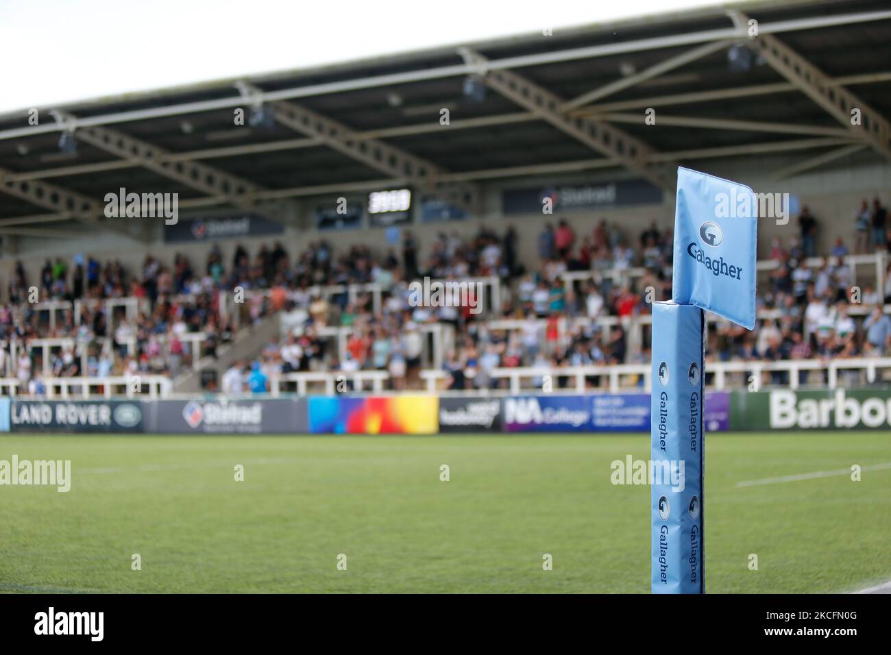 The 22m flag in front of the south stand full of supporters during the Gallagher Premiership match between Newcastle Falcons and Worcester Warriors at Kingston Park, Newcastle on Saturday 5th June 2021. (Photo by Chris Lishman/MI News/NurPhoto) Stock Photo