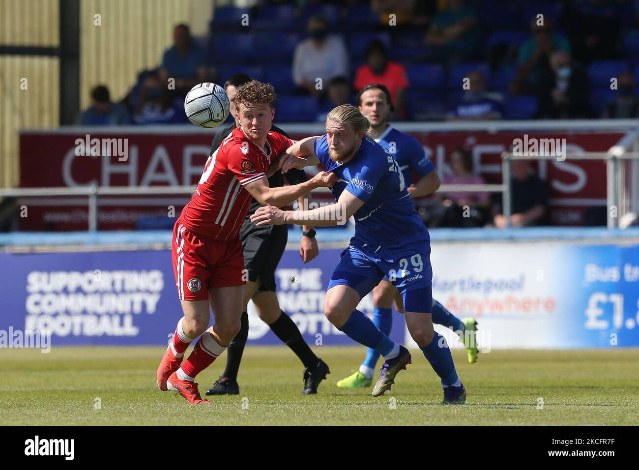 Luke Armstrong of Hartlepool United battles with Bromley's Jude Arthurs