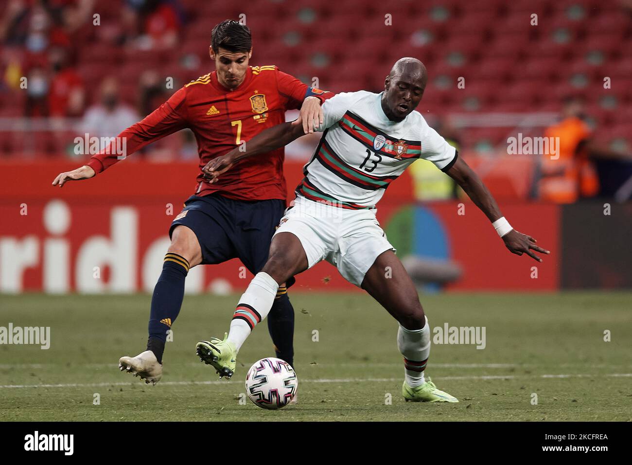 Danilo Pereira (Paris Saint-Germain) of Portugal and Alvaro Morata (Juventus FC) of Spain compete for the ball during the international friendly match between Spain and Portugal at Estadio Wanda Metropolitano on June 4, 2021 in Madrid, Spain. (Photo by Jose Breton/Pics Action/NurPhoto) Stock Photo