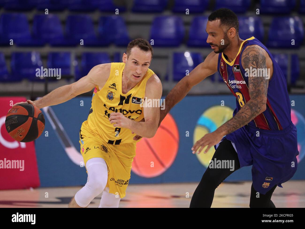 Marcelinho Huertas and Adam Hanga during the match between FC Barcelona and Lenovo Tenerife, corresponding to the 1st match of semifinal the play off of the Liga Endesa, played at the Palau Blaugrana, on 07th June 2021, in Barcelona, Spain. -- (Photo by Urbanandsport/NurPhoto) Stock Photo