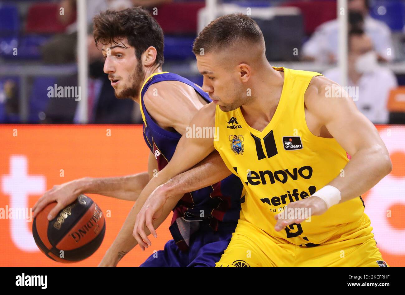 Emir Sulejmanovic and Leandro Bolmaro during the match between FC Barcelona and Lenovo Tenerife, corresponding to the 1st match of semifinal the play off of the Liga Endesa, played at the Palau Blaugrana, on 07th June 2021, in Barcelona, Spain. -- (Photo by Urbanandsport/NurPhoto) Stock Photo