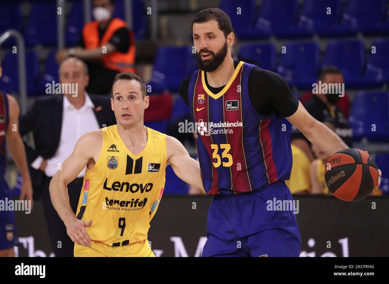 Marcelinho Huertas and Nikola Mirotic during the match between FC Barcelona and Lenovo Tenerife, corresponding to the 1st match of semifinal the play off of the Liga Endesa, played at the Palau Blaugrana, on 07th June 2021, in Barcelona, Spain. -- (Photo by Urbanandsport/NurPhoto) Stock Photo