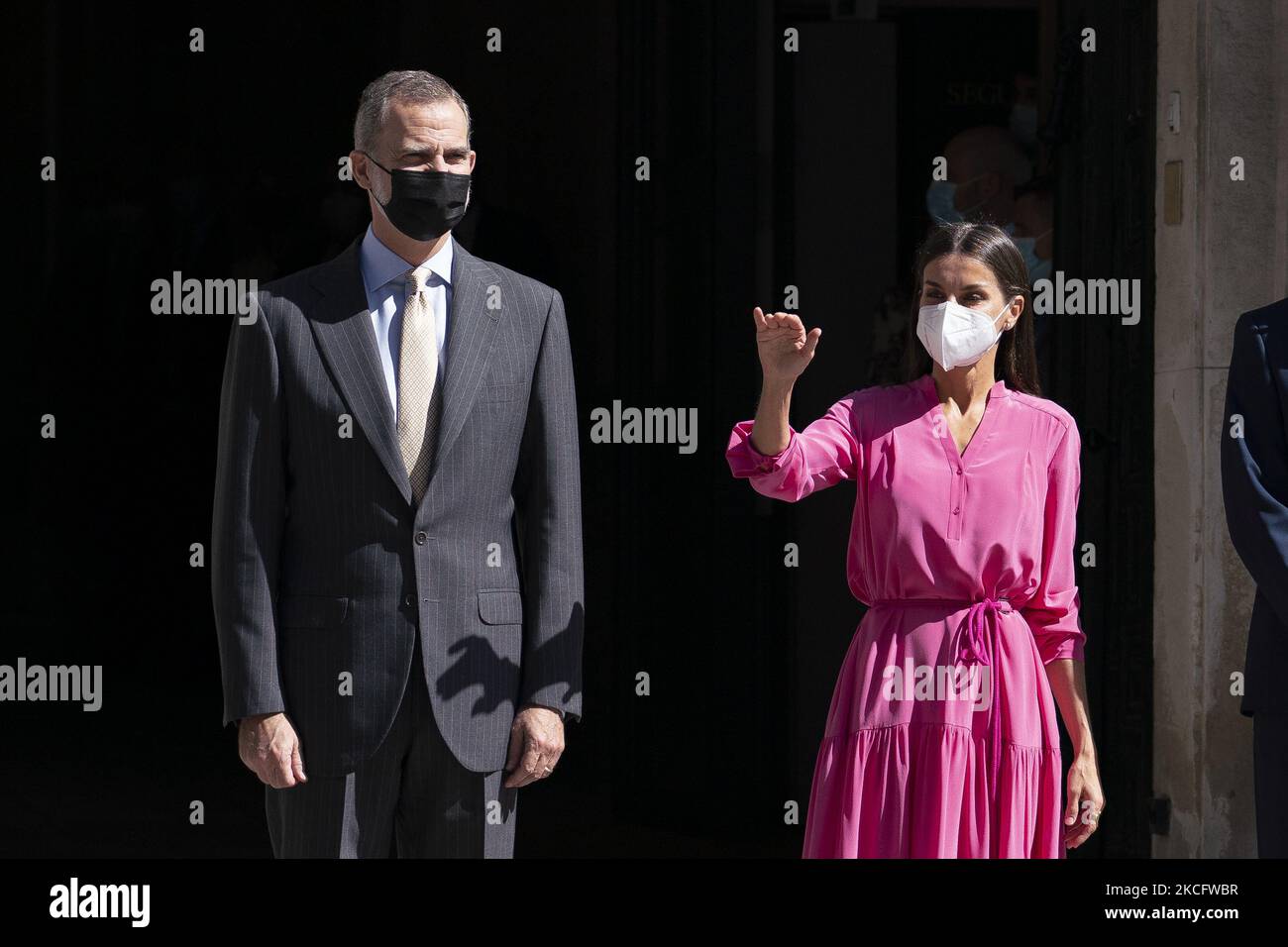 King Felipe of spain and Queen Letizia of spain pose for photos as they