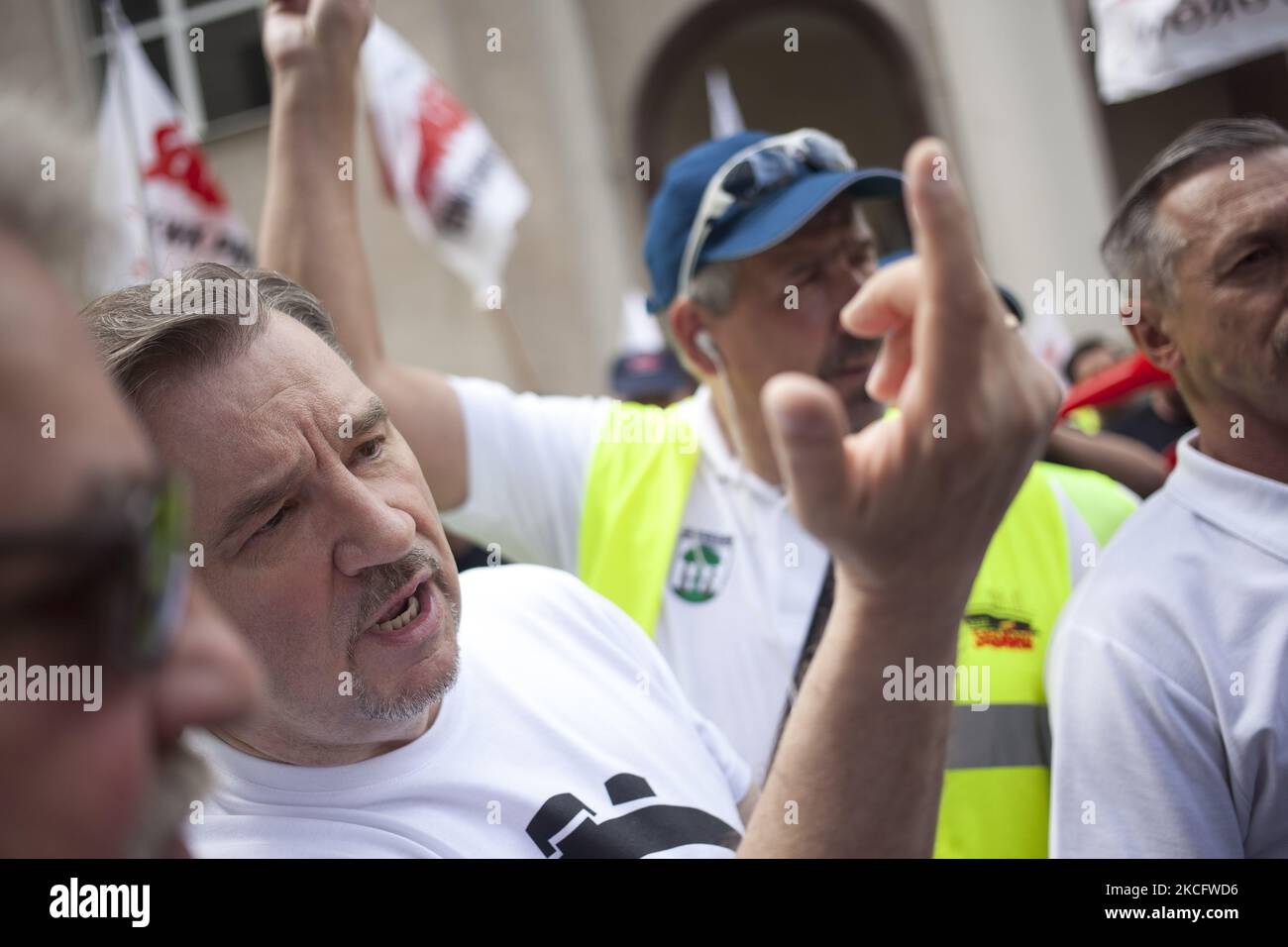 Piotr Duda leader of Solidarity movement seen during coal mines workers protest against closing mines in Warsaw on June 9, 2021. (Photo by Maciej Luczniewski/NurPhoto) Stock Photo