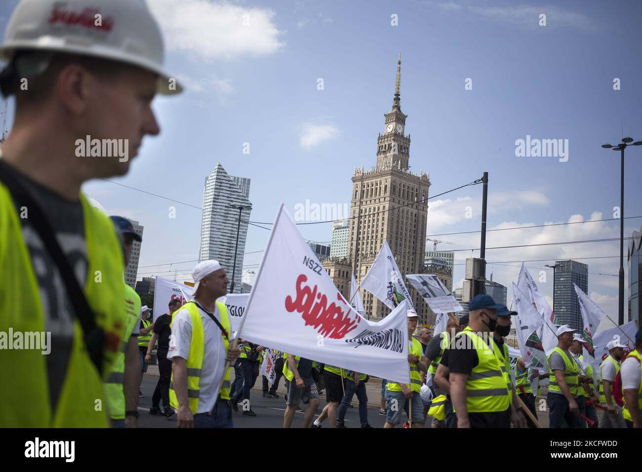 Miners seen during coal mines workers protest against closing mines in Warsaw on June 9, 2021. (Photo by Maciej Luczniewski/NurPhoto) Stock Photo