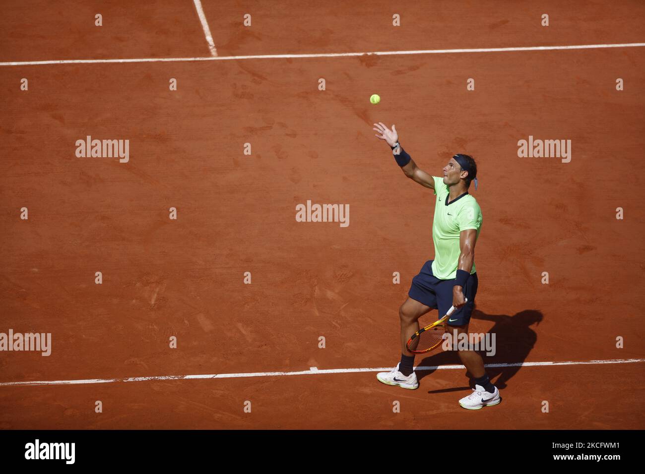 Spain's Rafael Nadal plays against Argentina's Diego Schwartzman during their men's singles quarter-final tennis match on Day 11 of The Roland Garros 2021 French Open tennis tournament in Paris, France on June 9, 2021.(Photo by Mehdi Taamallah/NurPhoto) Stock Photo