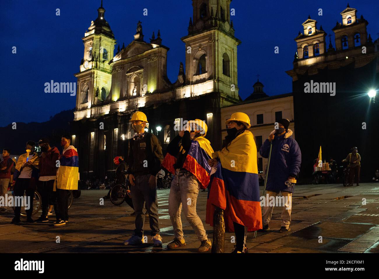 Different groups of protesters gather in front of the Hotel Tequendama, where a meeting is held with the Inter-American Commission on Human Rights. At the end of the day, a group led by Primera Linea makes a sit-in in the Plaza de Bolivar in Bogota, Colombia on June 09, 2021. (Photo by Vannessa Jimenez G/NurPhoto) Stock Photo