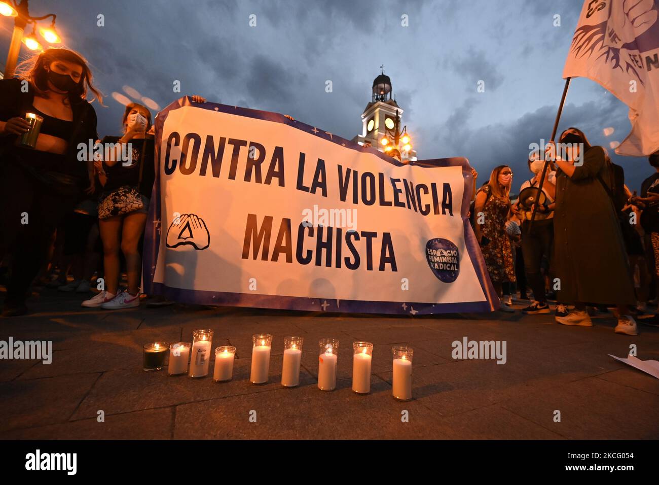 Feminist rally in repudiation of last murders of gender violence at Puerta del Sol in Madrid, Spain, on June 11, 2021, under the slogans: '' Ni una menos '' (Not one less); '' If they touch one of us, they touch us all '' (If they touch one of us, they touch us all) and '' Long live we love each other '' (Alive we love each other) (Photo by Oscar Gonzalez/NurPhoto) Stock Photo