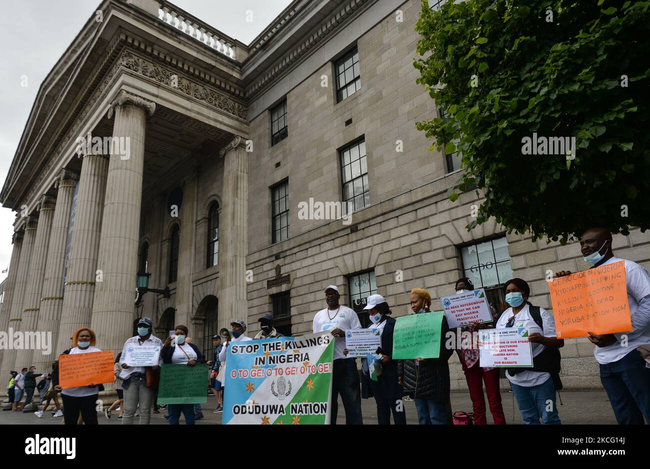Members of the local Nigerian diaspora seen in front of the GPO in Dublin during a global 'Yoruba One Voice' protest. On Saturday, June 12, 2021, in Dublin, Ireland. (Photo by Artur Widak/NurPhoto) Stock Photo