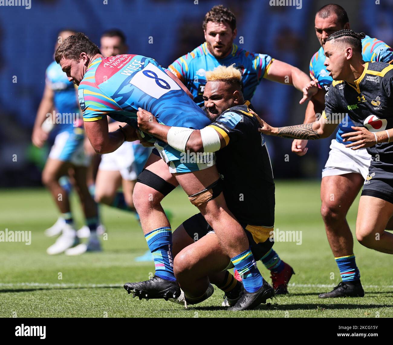 Jasper Wiese of Tigers is tackled by Sione Vailanu of Wasps during the Gallagher Premiership match between London Wasps and Leicester Tigers at the Ricoh Arena, Coventry, UK, on 12th June 2021. (Photo by James Holyoak/MI News/NurPhoto) Stock Photo