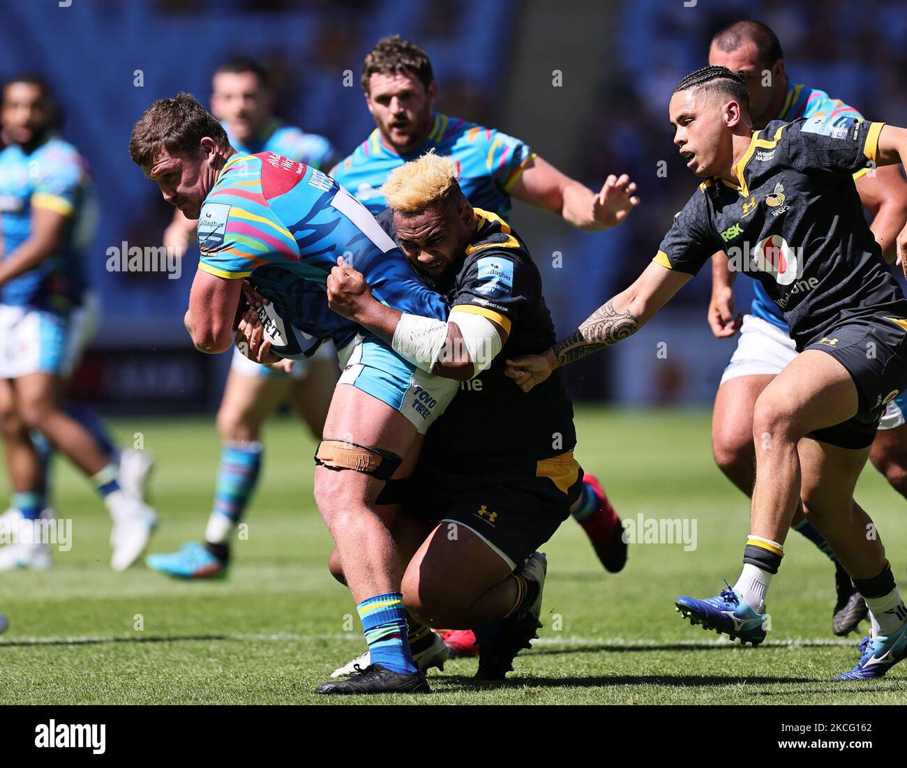 Jasper Wiese of Tigers is tackled by Sione Vailanu of Wasps during the Gallagher Premiership match between London Wasps and Leicester Tigers at the Ricoh Arena, Coventry, UK, on 12th June 2021. (Photo by James Holyoak/MI News/NurPhoto) Stock Photo