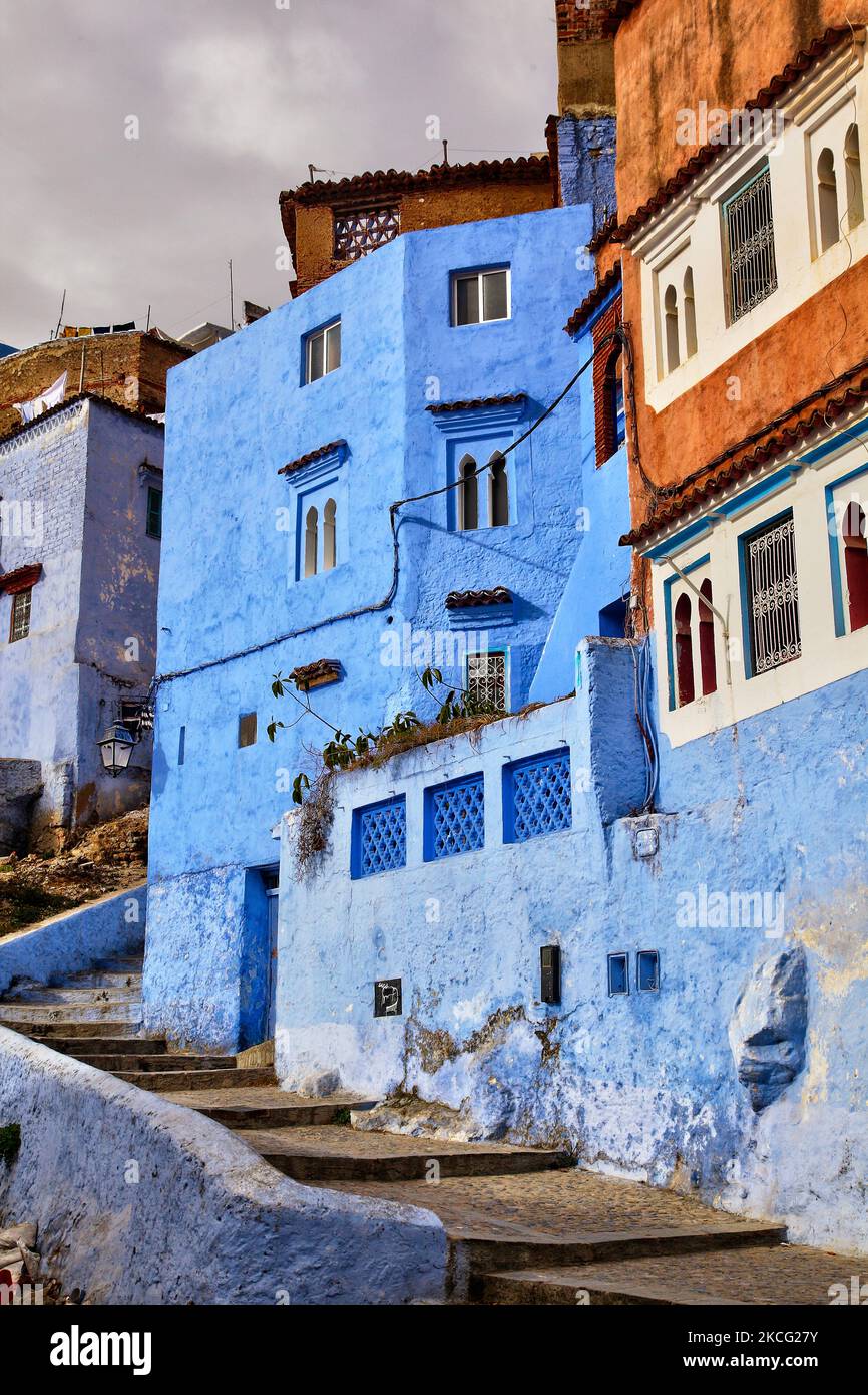 Buildings in city of Chefchaouen located in the Rif Mountains in Morocco, Africa. Chefchaouen (also called Chaouen) is known as the 'Blue City' due to the fact that many of its buildings are painted blue in colour, which is said to symbolize the sky and heaven, and serve as a reminder to lead a spiritual life. (Photo by Creative Touch Imaging Ltd./NurPhoto) Stock Photo