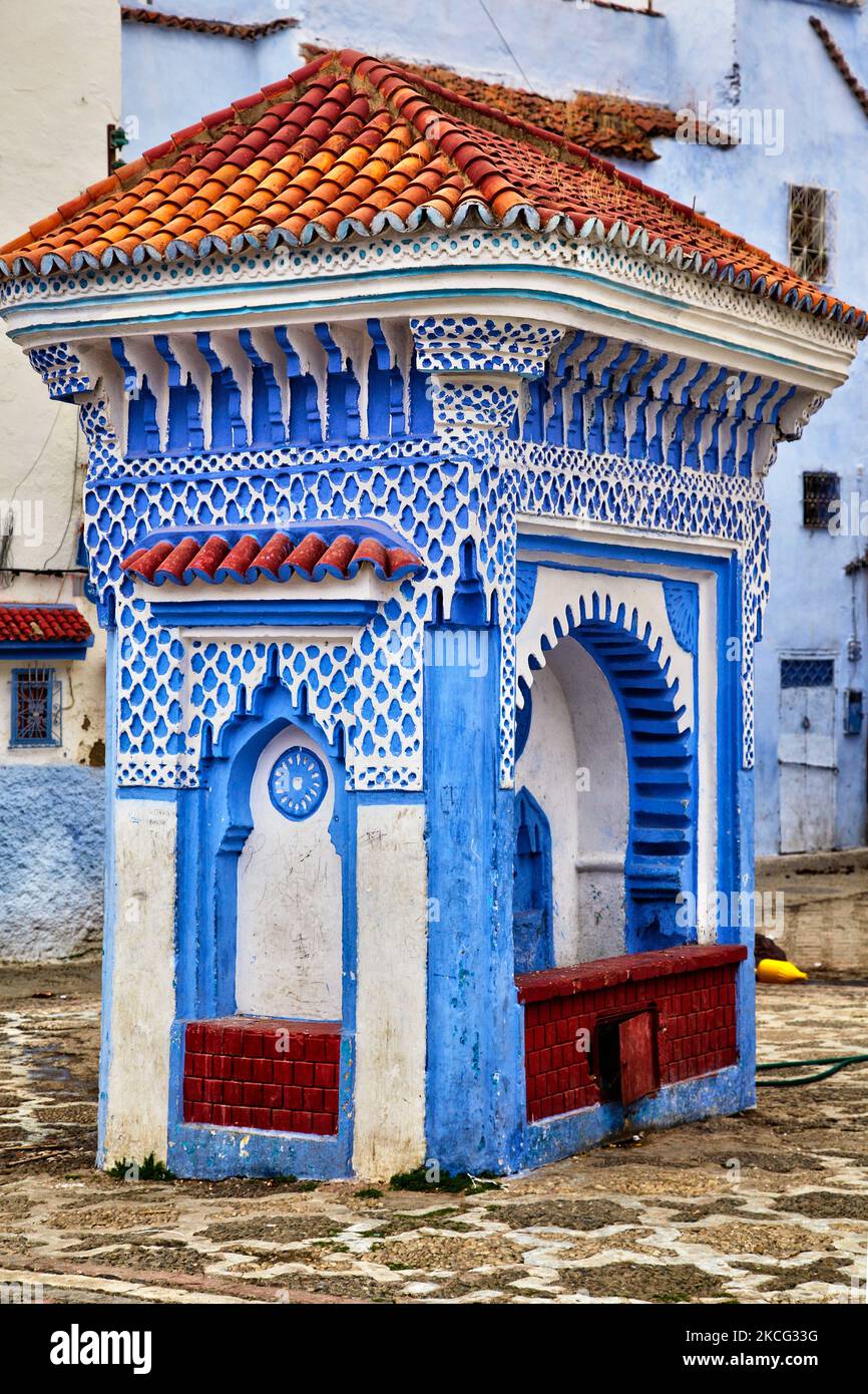 City of Chefchaouen located in the Rif Mountains in Morocco, Africa. Chefchaouen (also called Chaouen) is known as the 'Blue City' due to the fact that many of its buildings are painted blue in colour, which is said to symbolize the sky and heaven, and serve as a reminder to lead a spiritual life. (Photo by Creative Touch Imaging Ltd./NurPhoto) Stock Photo