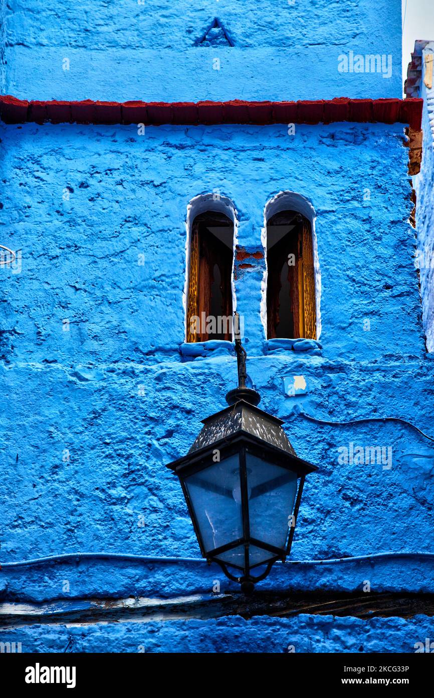 Detail of a building in city of Chefchaouen located in the Rif Mountains in Morocco, Africa. Chefchaouen (also called Chaouen) is known as the 'Blue City' due to the fact that many of its buildings are painted blue in colour, which is said to symbolize the sky and heaven, and serve as a reminder to lead a spiritual life. (Photo by Creative Touch Imaging Ltd./NurPhoto) Stock Photo
