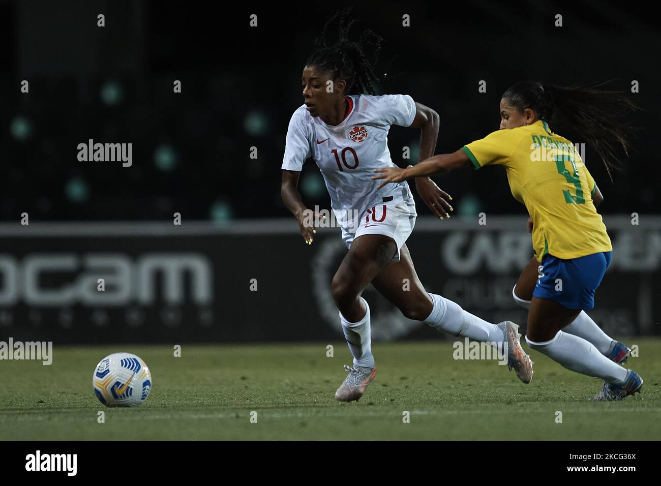 Ashley Lawrence of Canada and Angelina Costantino of Brazil competes for the ball during the Women's International Friendly match between Brazil and Canada at Estadio Cartagonova on June 14, 2021 in Cartagena, (Photo by Jose Breton/Pics Action/NurPhoto) Stock Photo