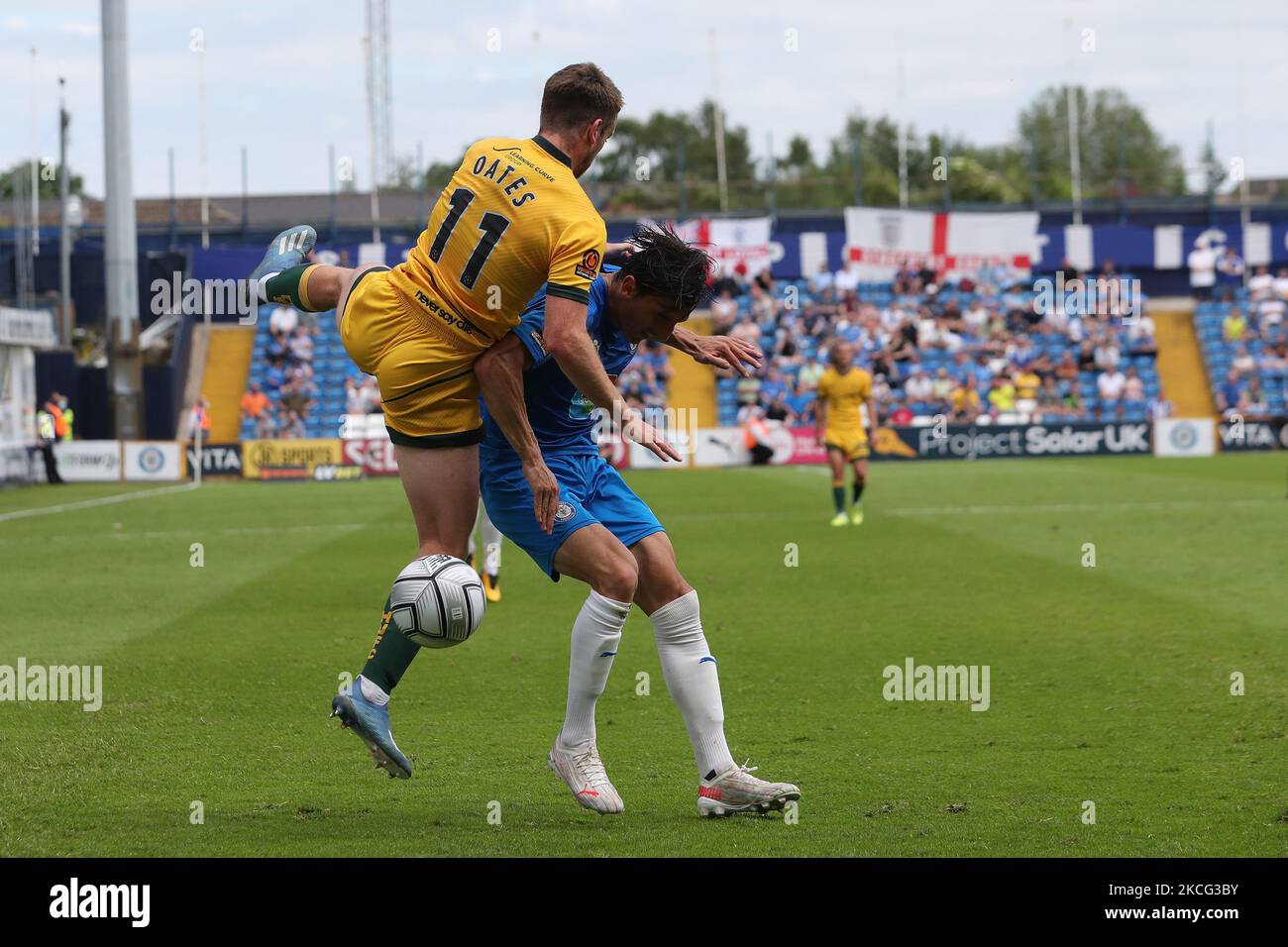 Rhys Oates of Hartlepool United in action with Ashley Palmer of