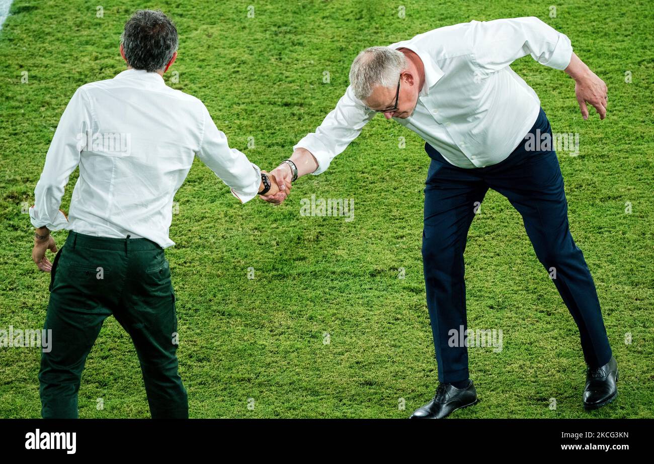 Luis Enrique Martinez and Janne Andersson during the match between Spain and Sweden, corresponding to the Euro 2020, Group E, played at the La Cartuja Stadium, on 14th june 2021, in Seville, Spain. (Photo by Urbanandsport /NurPhoto) Stock Photo
